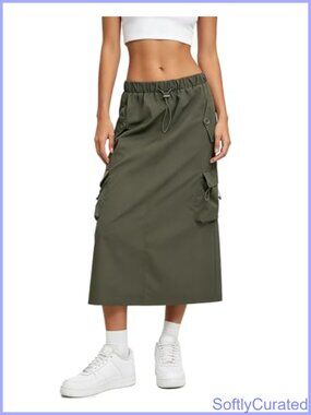 Women Cargo Midi Skirt High Waisted Quick Dry Utility Skirt Drawstring